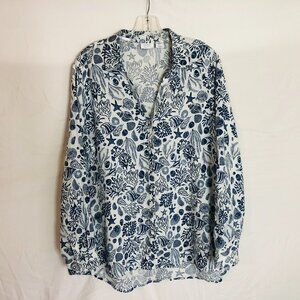 Sigrid Olsen Women's XL 100% Linen Tropical Ocean Life Fish Button Up Tunic Top